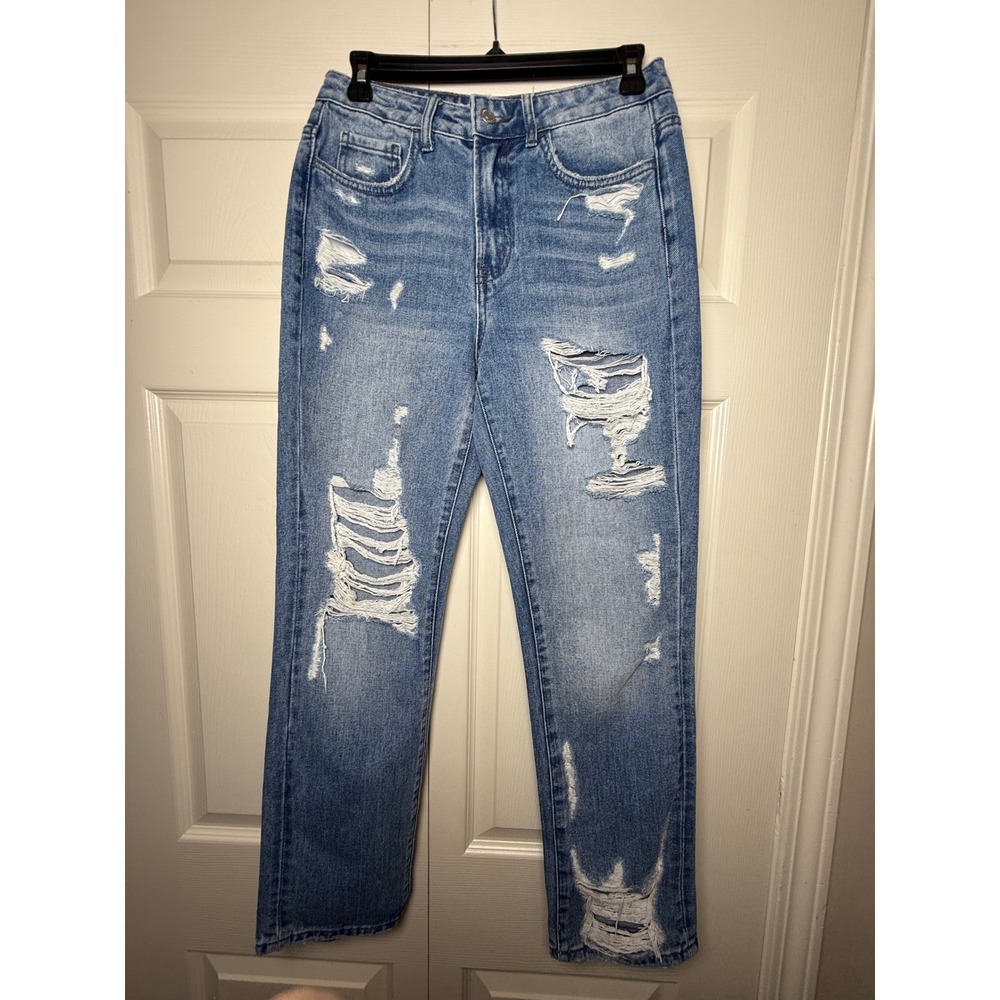 Flying Monkey Distressed High Rise Straight Leg Jeans Blue Womens Size 25‎ Y3971